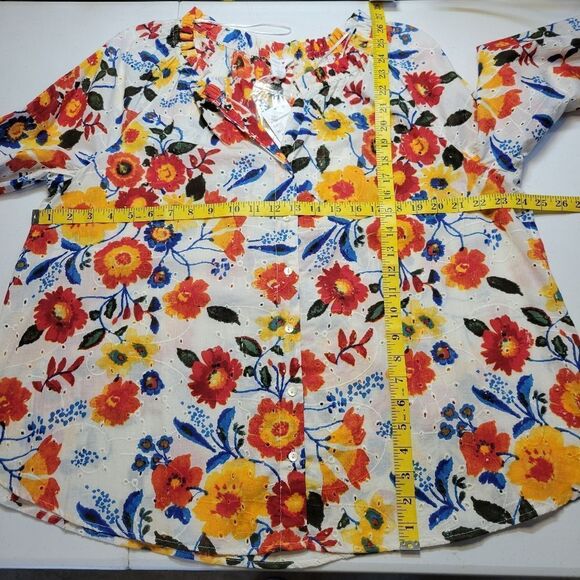 Intro Cotton Floral Print Eyelet Embroidered Women's Button Down Top NEW - Picture 10 of 11